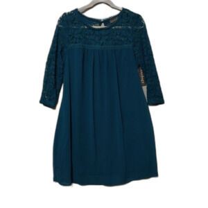 NWT Luxology Dress 8 Teal Babydoll Floral Lace 3/4 Sleeve Lined Romantic Classic